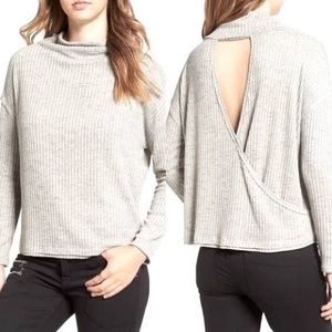ASTR Ribbed Mock Neck Open Back Gray Lightweight Stretch Sweater XS
